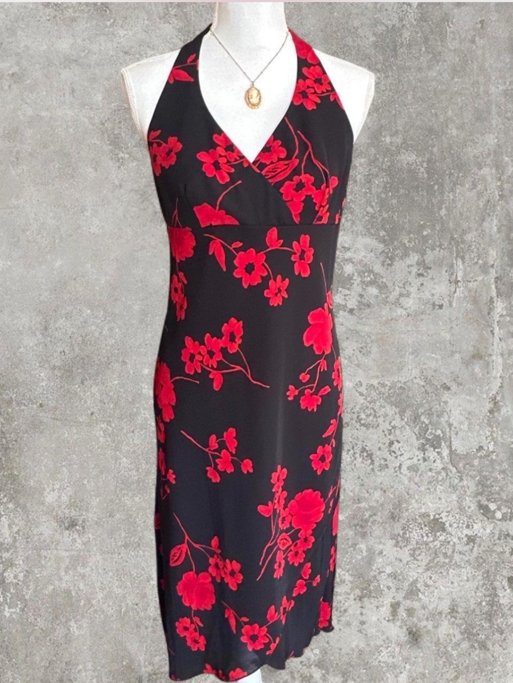 Vintage Y2K Steppin Out Red Floral Chiffon Halter High Low Maxi Dress 13/14